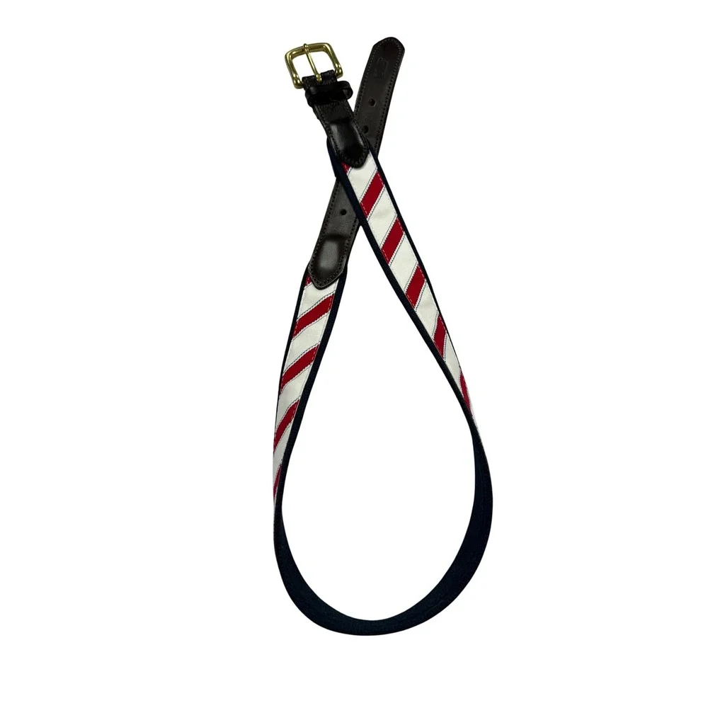 Vineyard Vines Canvas Belt Mens 34 Red White Holiday Stripe Leather